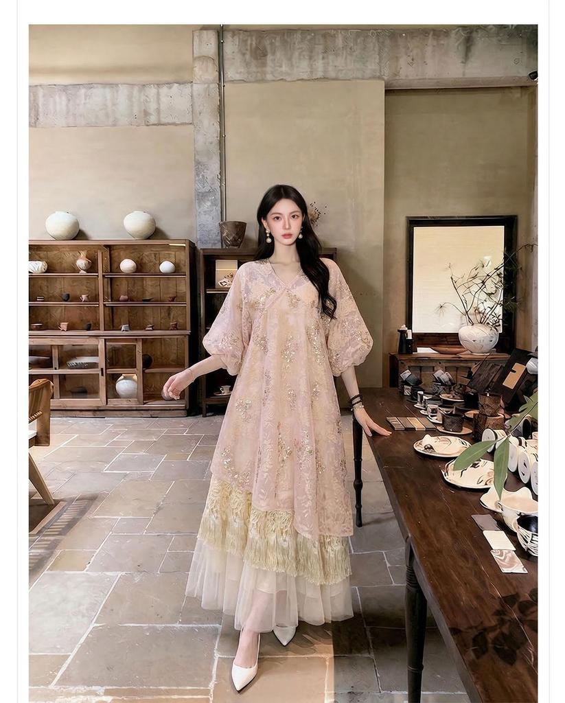 Summer 2026 Elegant Chinese Floral Embroidery Two-Piece Long Dress for Women, Style P0207.