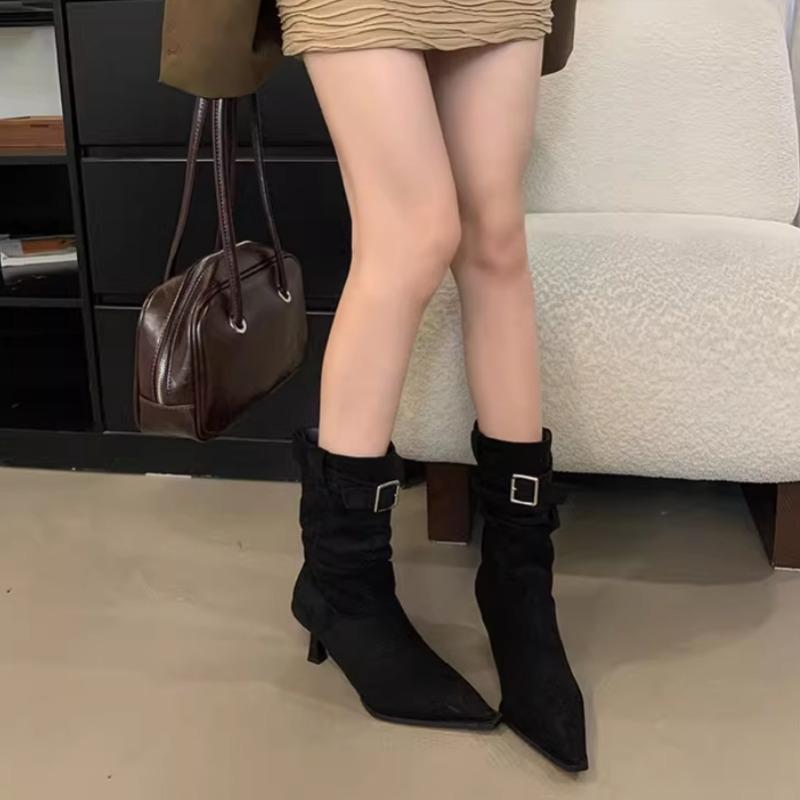 Moderna Damer Höst Ny Smal Känga Hög Klack Kort Känga Sammet Yta Nyhet Spetsig Tå Tunn Klack Retro Stil Känga