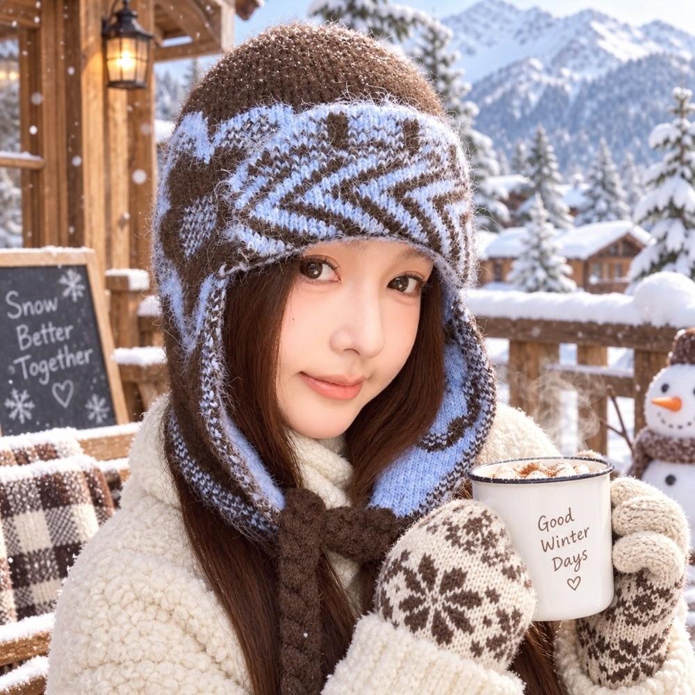 56cm To 58cm Ear Flap Hat Fair Isle Pattern Acrylic Wool Blend Hat Winter Knitted Hat Outdoor Wear