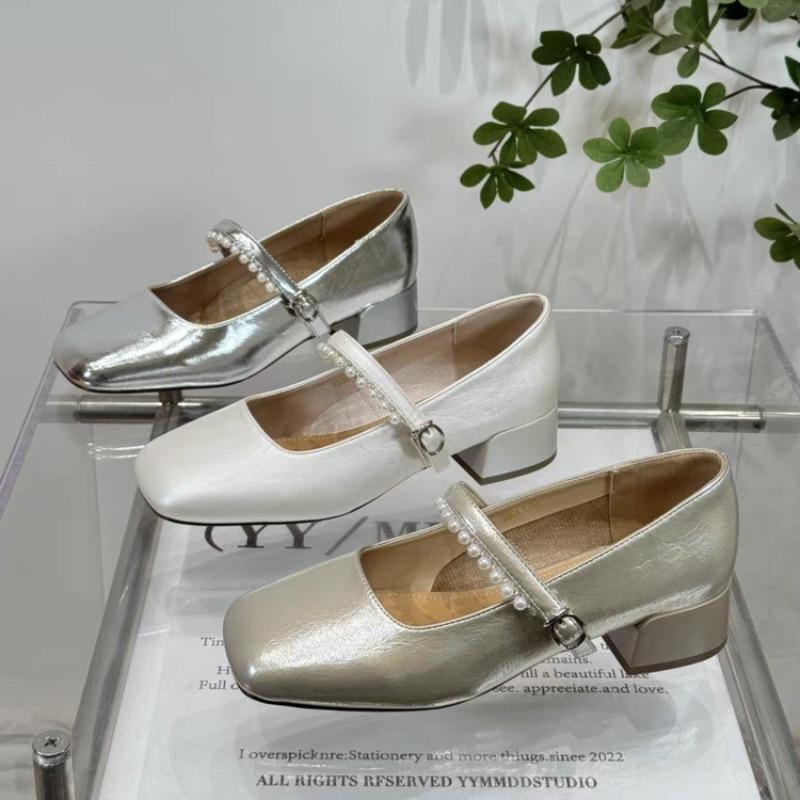 2026 Spring New French Mary Jane Shoes Women's Pearl One Line Strap Shallow Mouth Coarse Follow Up Shoes Women Silver
