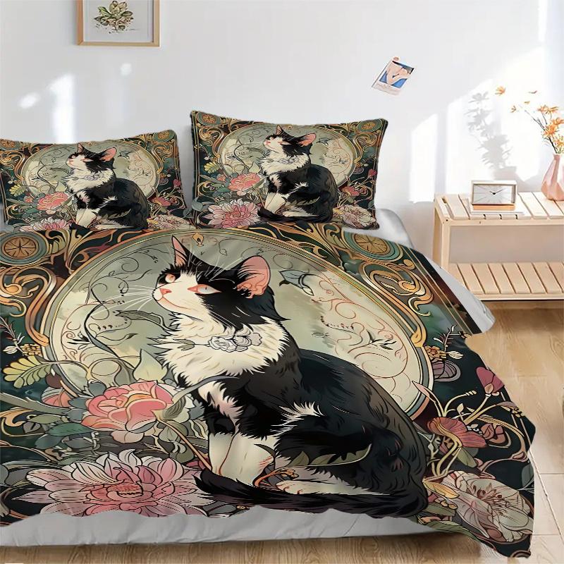 3pcs Black and White Cat Bedding Set, Includes 1 Quilt Cover and 2 Pillowcases, Comfortable Bedding with Stylish Design for Bedroom