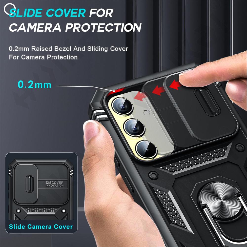 Military Armor Holder Case for Samsung Galaxy S24 S23 S22 S21 Ultra Plus A55 A35 A54 A14 4G 5G Slider Camera Protect Card Pocket Cover