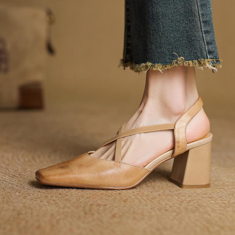 New Women's High-heeled Sandals Women's Comfortable Bag Head Rear Empty Sandals Summer Beef Tendon Large Size Square Head One Pedal Thick Heel