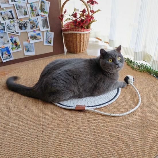 Cat Scratcher Mat Natural Cotton Rope Scratching Mat Cat Ear Design Scratcher with Ball Toy Furniture Protector for Wall Couch Carpet Sofa