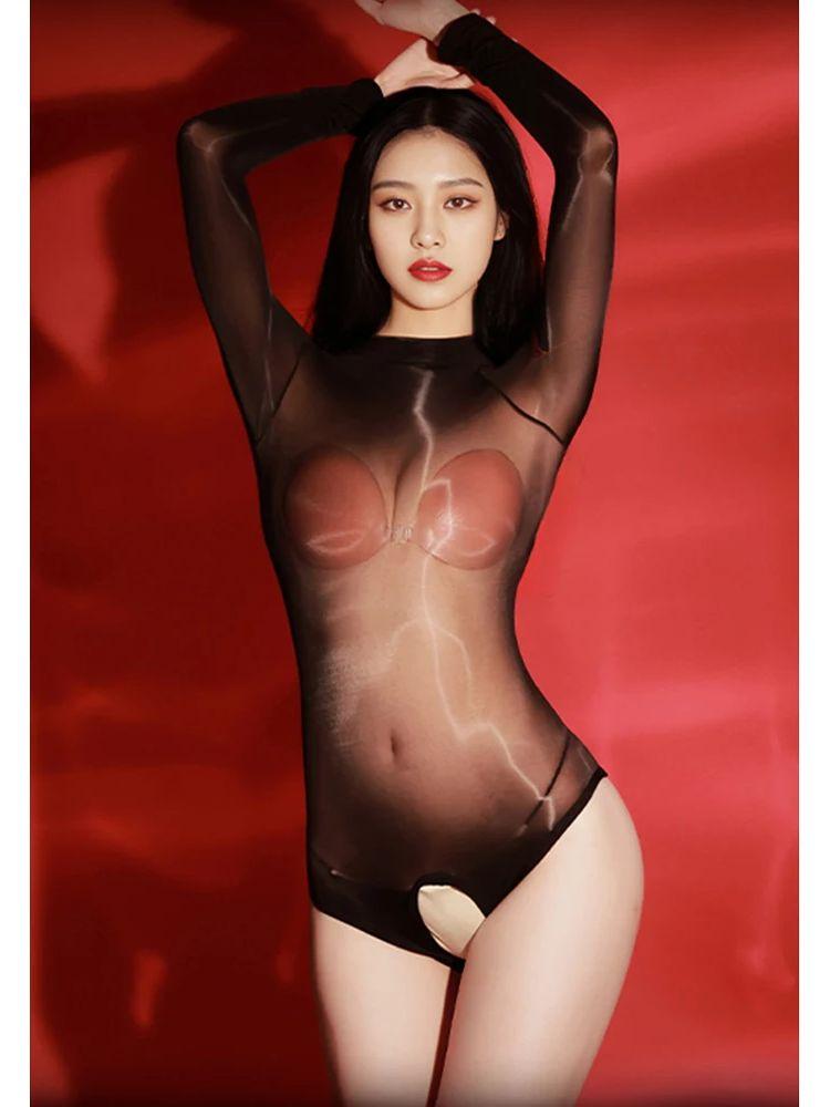 Glossy Shiny Seamless Bust Bodystocking Close Open Crotch Bodysuit Nylon Transparent Swimsuit Tights Sexy Body Teddies Clubwear