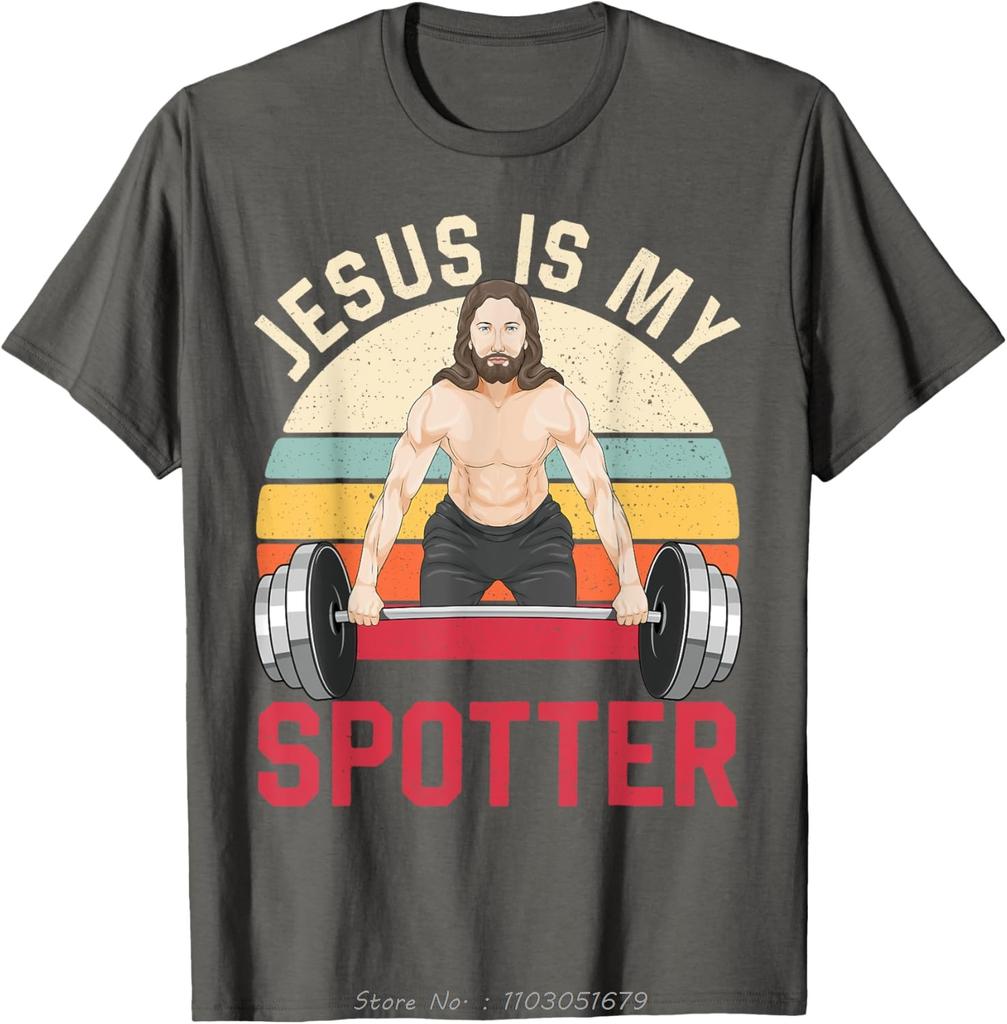 Mens Clothing Jesus Is My Spotter Oversized Tshirt Funny Christian Weightlifting Gym Fitness T Shirt Fitness Cotton Tshirt