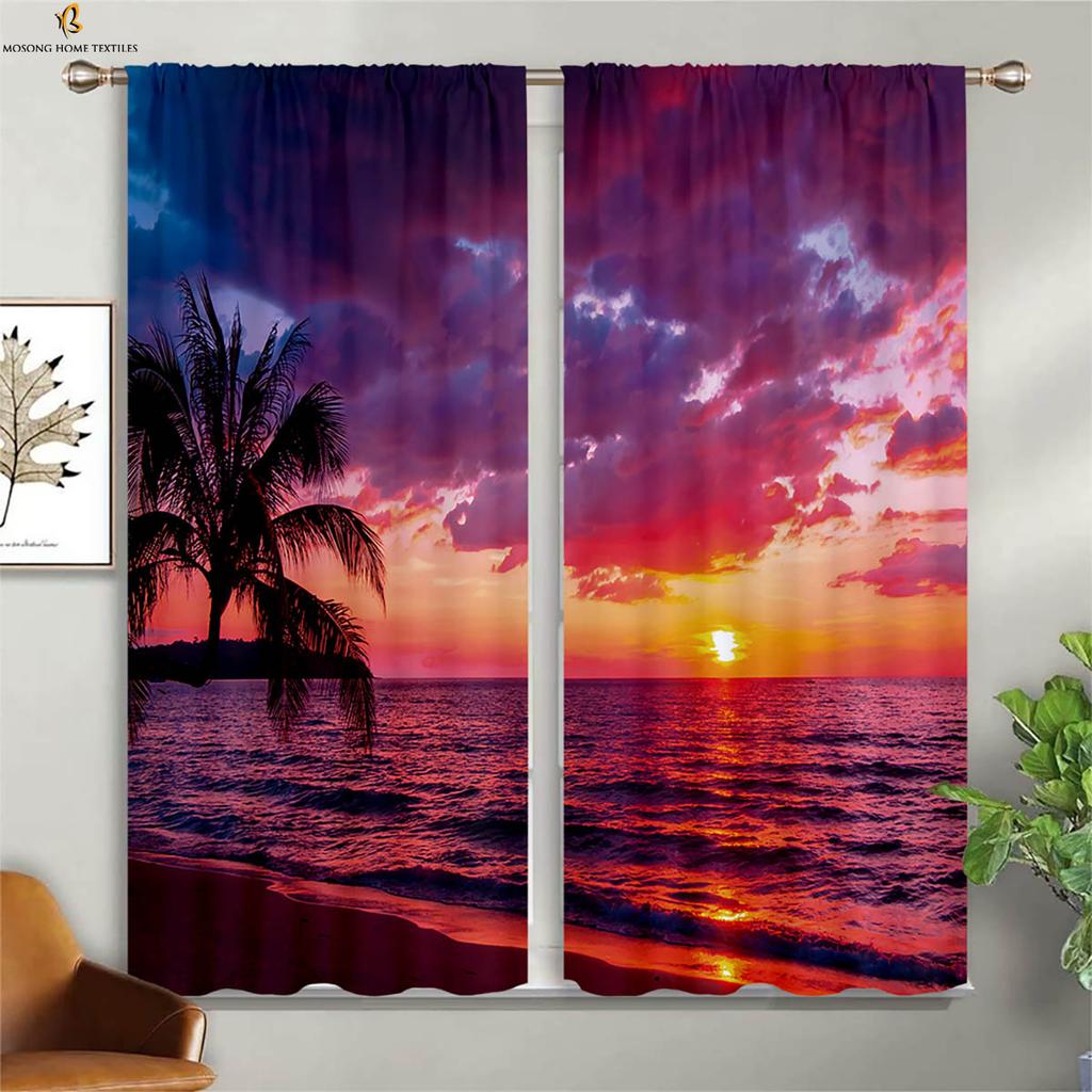 Seaside Scenery Decorative Curtains Beach Coconut Trees Blue Sky Sunset Sea View Room Living Balcony Printed Made Of Polyester Window Treatment