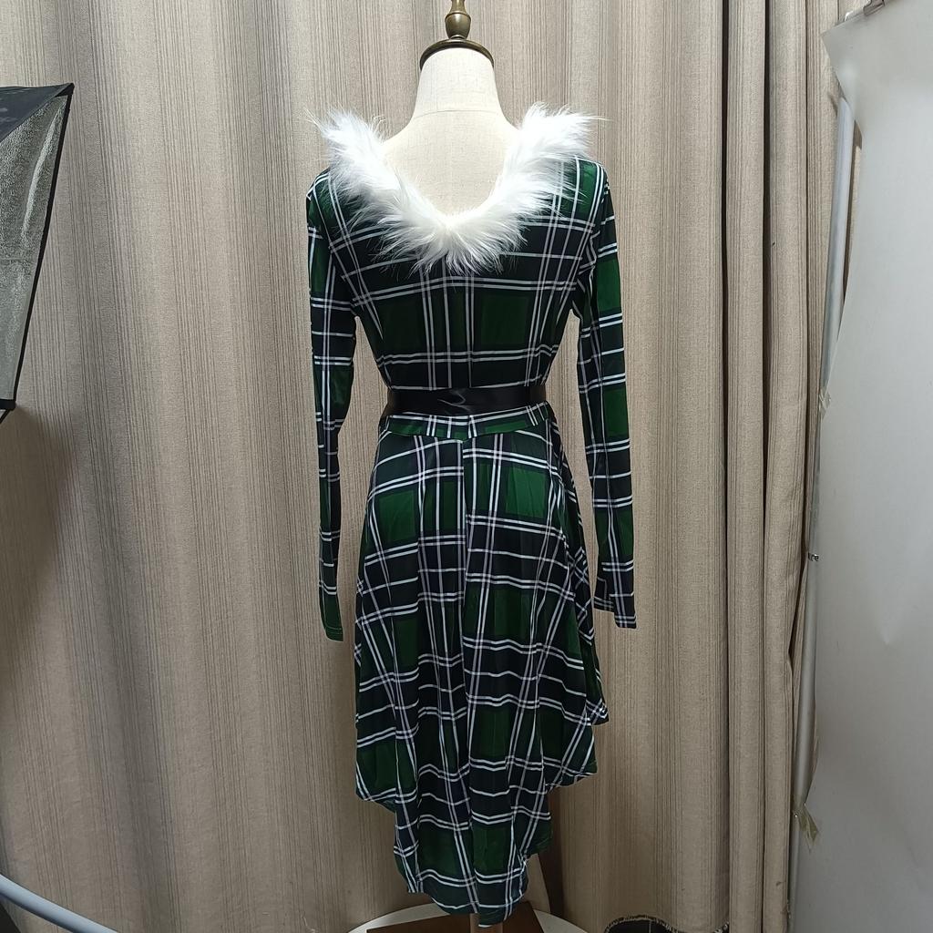 Women's Plush Flared Dress, Christmas Holiday A-Line Gown with Audrey Hepburn Style, High-Low Hem Long Sleeve Party Dress for Festive Season