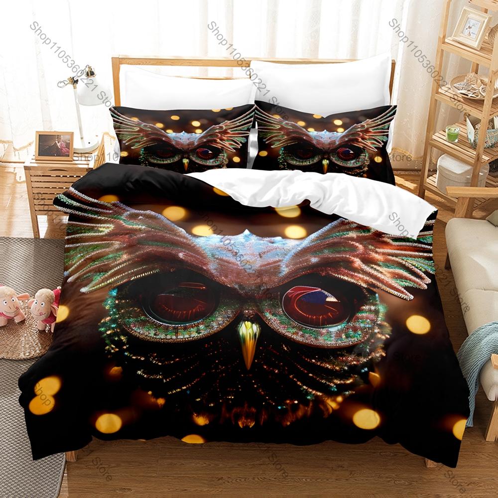 Cool Owl Minimalist Wildlife Nocturnal Bird Vintage Cartoon Animal Art HD Print Bedding Set Duvet Cover + 2 Pillowcases Animal