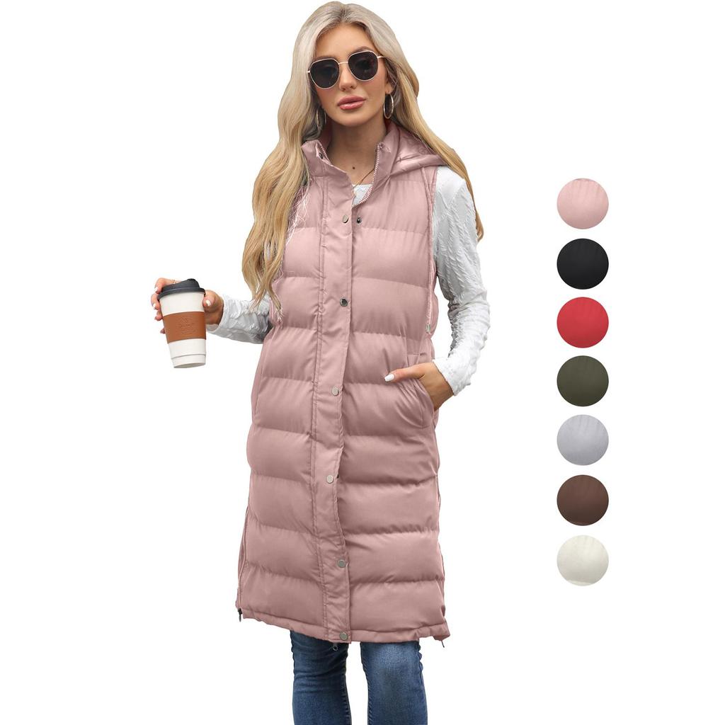 Women’s Coats Hooded Sleeves Long Style Solid Color Vest Quilted Jacket Autumn Winter Thick Warm Outer Wear