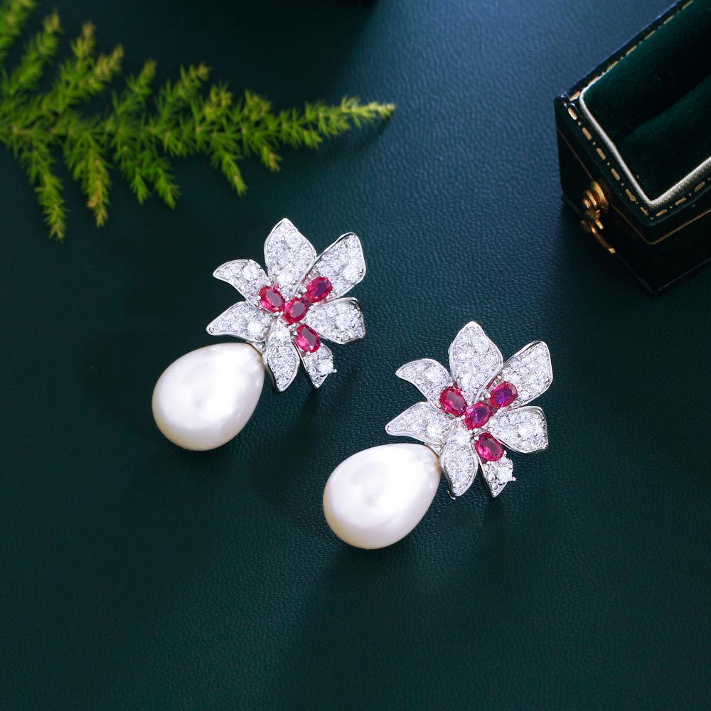 Light Luxury Sweet Zircon Flower Pearl Earrings Needles High-End Temperament Celebrity Style Trinkets