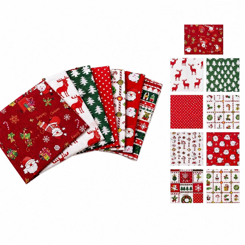 8 Christmas Print Fabric Squares for DIY Crafts, Quilting, Patchwork and Sewing, Assorted Random Patterns