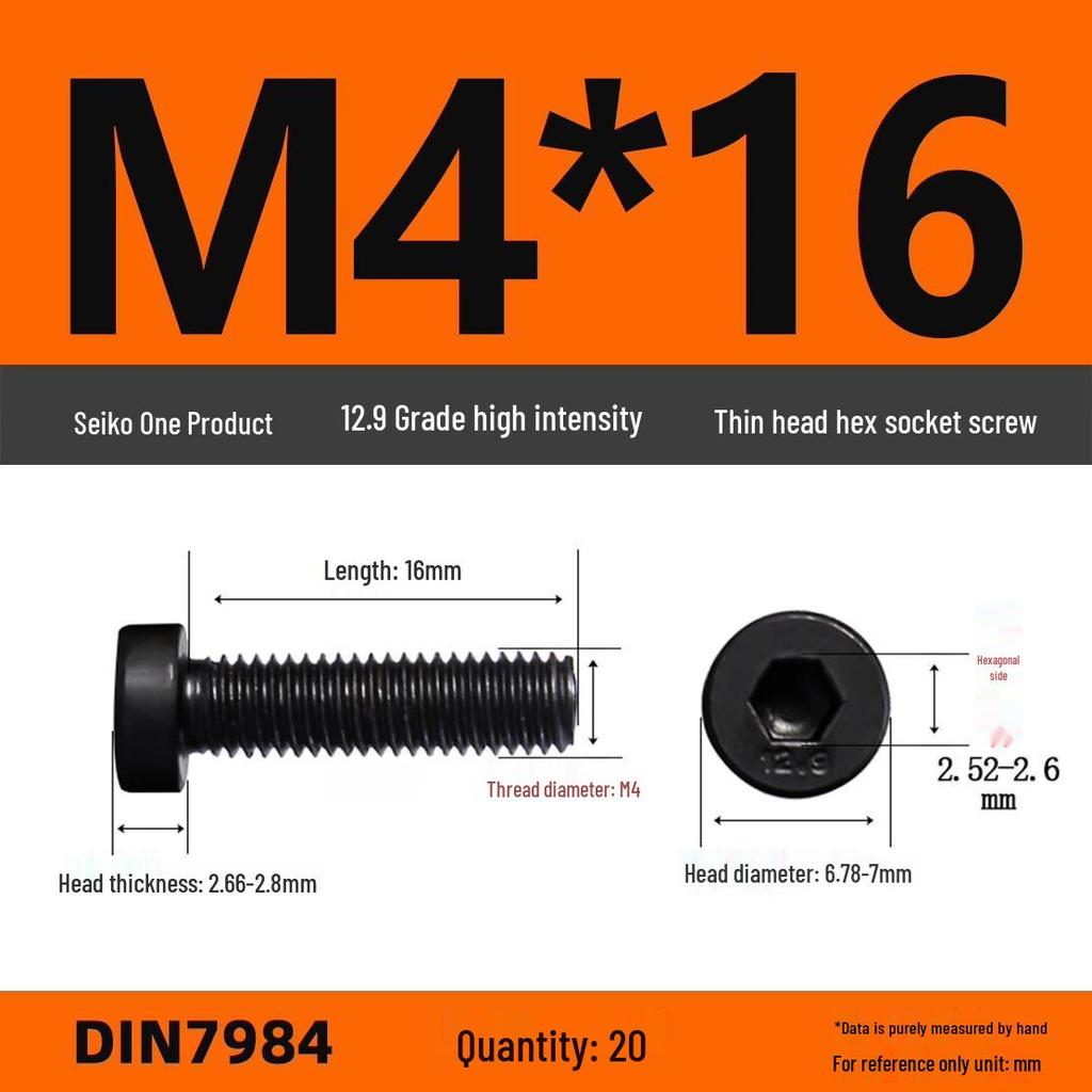 DIN7984 Grade 12.9 Thin Head Hex Socket Cap Screws - Sizes M3 To M16