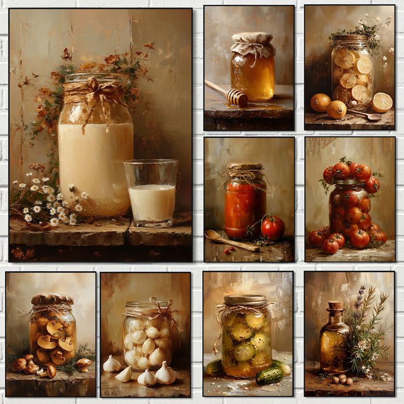 Vintage Tomatoes Spice Lemons Honey Jar Milk Glass Still Life Posters Canvas Printing Wall Art Picture for Kitchen Gifts