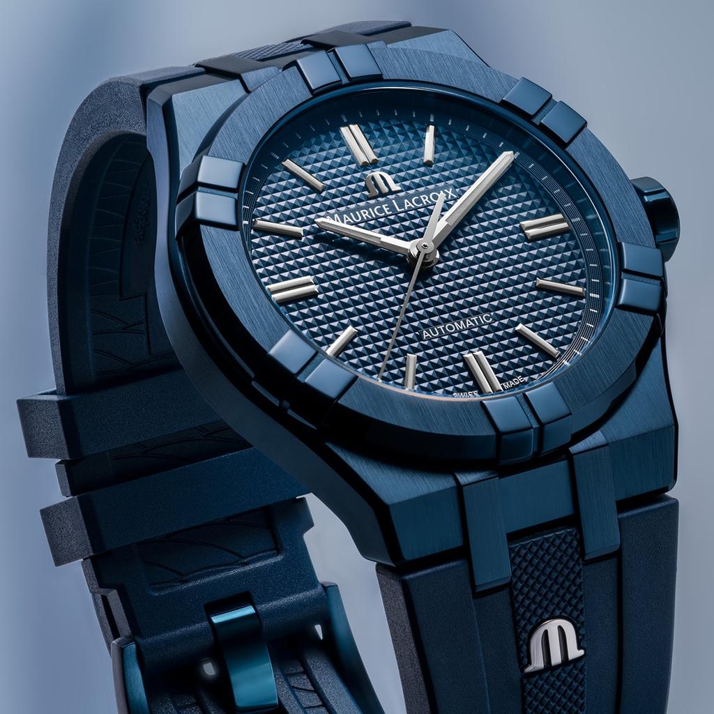 Maurice Lacroix AIKON Automatikuhr 39mm Blau PVD-Gehäuse Clous de Paris Zifferblatt Kautschukarmband (AI6007-PVC00-430-4)
