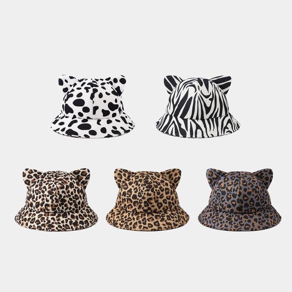 Cow/ Leopard Print Bucket Hat Cat's Ears Basin Hats New Panama Fishing Cap Unisex
