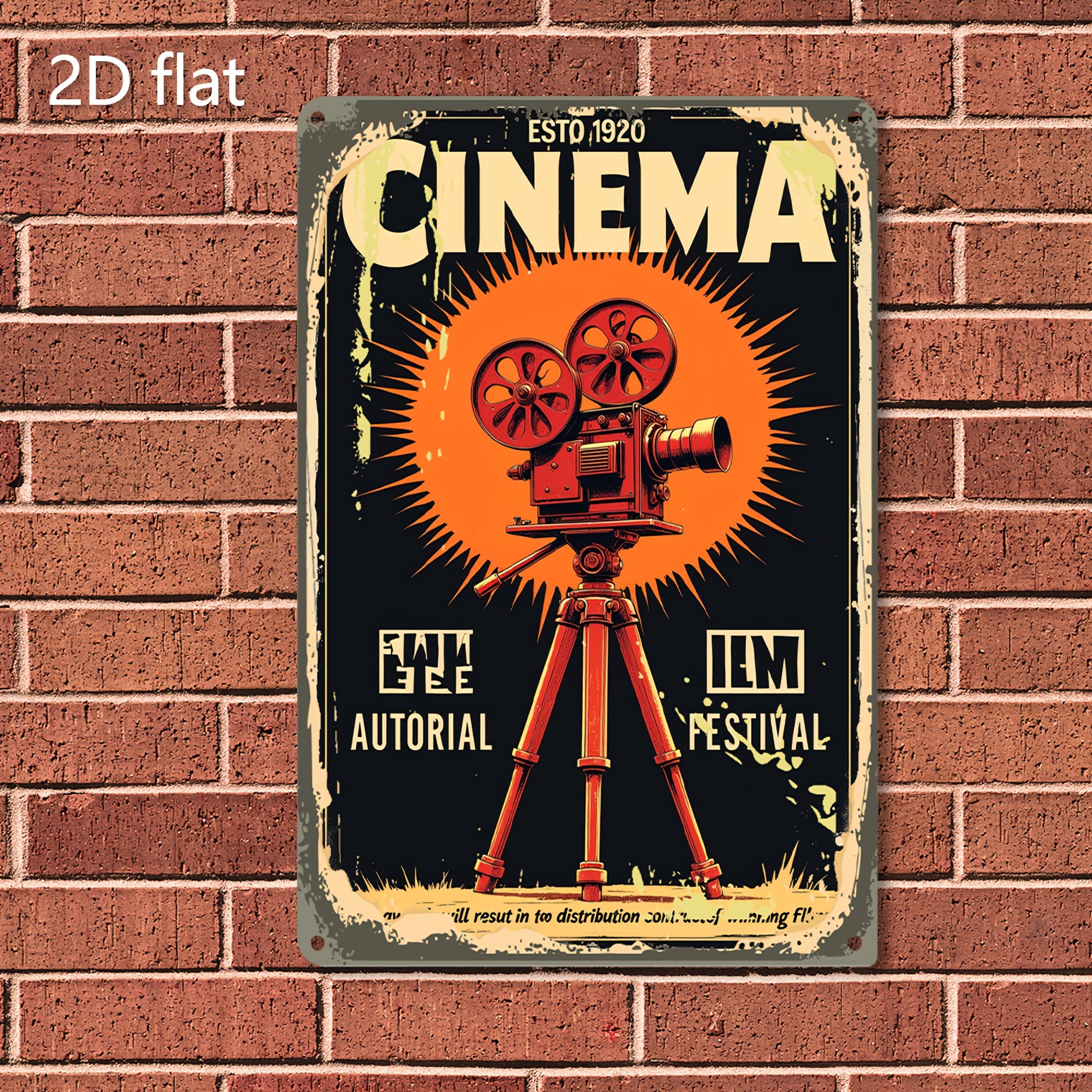 Vintage Cinema Metal Wall Art  Retro Movie Decor Sign with Film Reel  Tripod Design Iron IndoorOutdoor Hanging Plaque   ES 20x30cm（7.8x11.8inch）