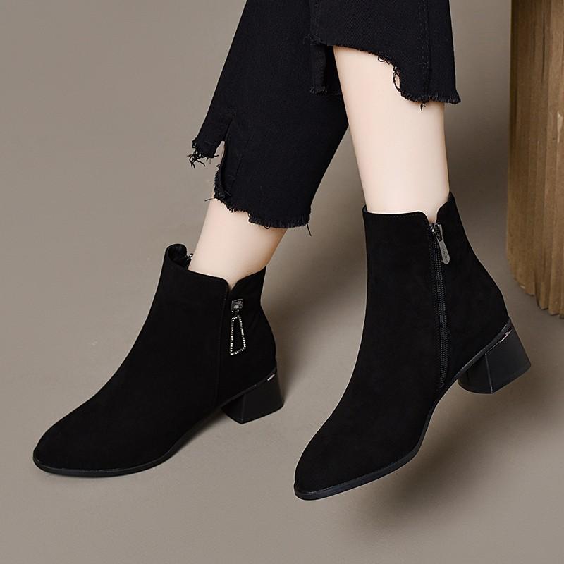 Autumn and winter new fashion boots women's simple temperament black matte short boots water drop buckle thick heel high heel boots leather boots