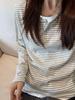 Korean Retro Henley Collar Stripe Long Sleeve Two-Piece Look Top for Women - Early Autumn Loose Fit