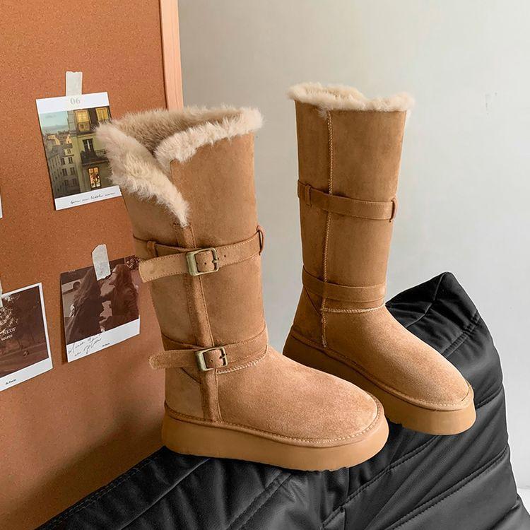 Platform Snow Boots Women's 2025 Winter New Fleece Thickened Grey Knight Boots Warm Large Cotton Shoes