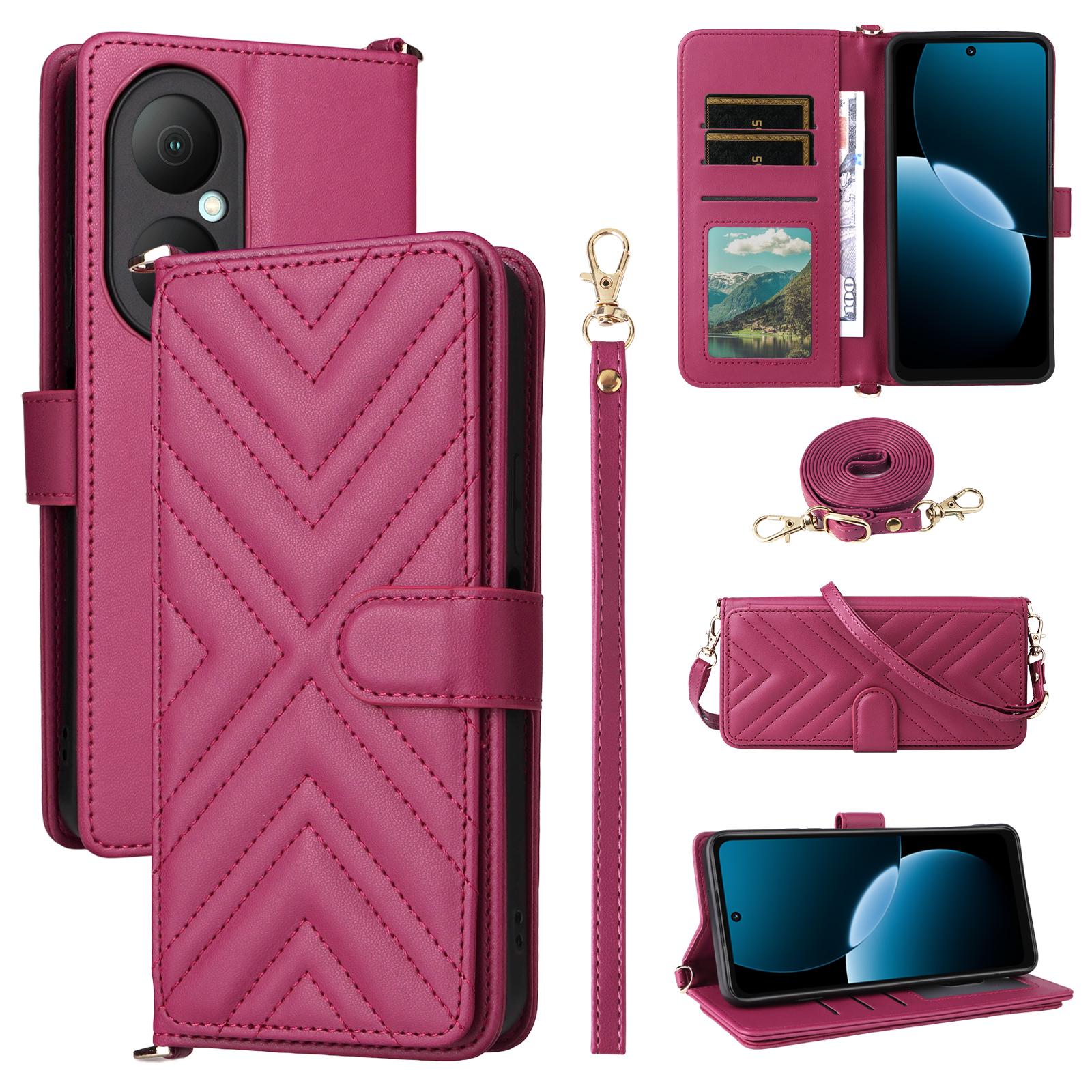 

For Huawei Enjoy 80 Case with Shoulder/Wrist Strap Leather Phone Cover Stand Wallet D