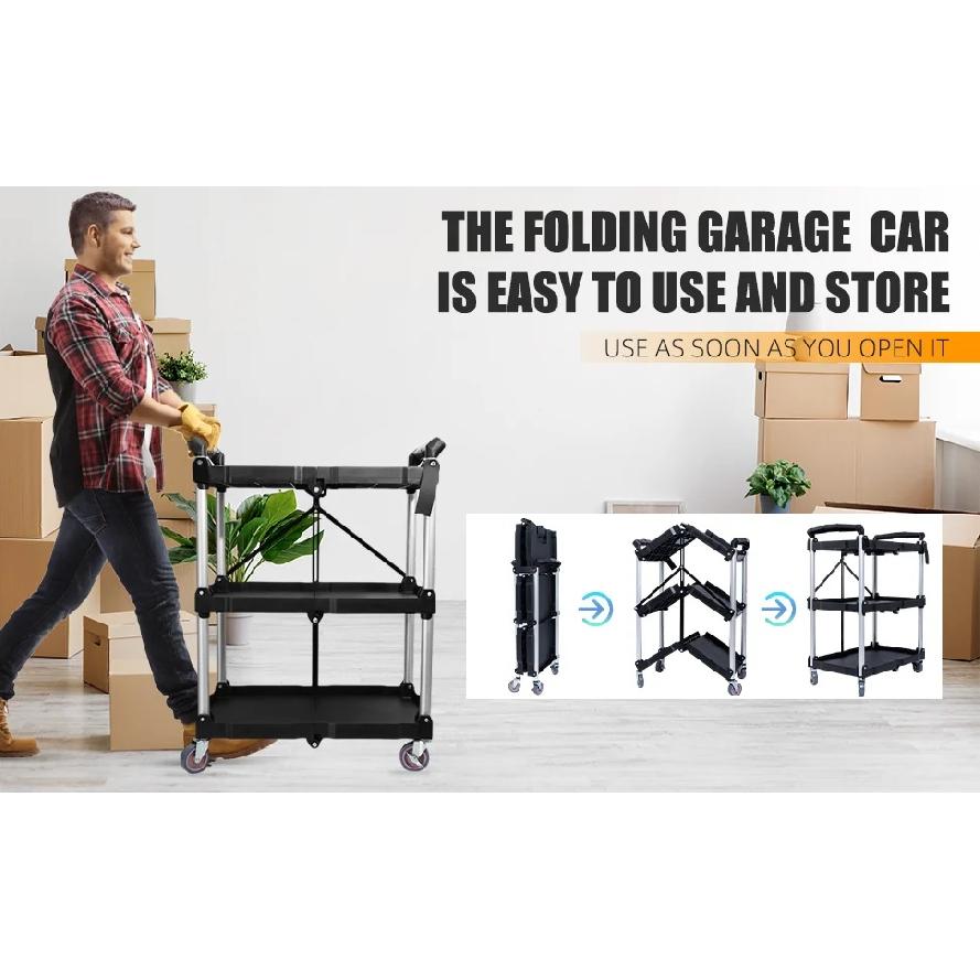 No Assembly Foldable Service Carts with Wheels 3 Tier Portable Utility Rolling Tool Garage Cart Collapsible Storage Cart