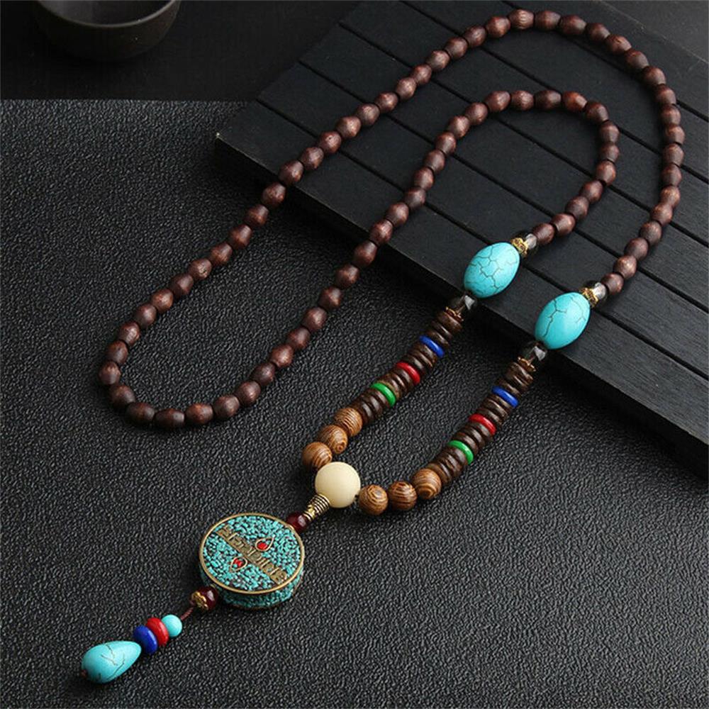 Unisex Handmade Nepal Buddhist Mala Wood Beads Pendant Necklace Boho Hippie Style Ethnic Long Pendant Men Women's Lucky Jewelry