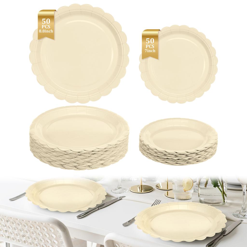 100Pcs Thickened Scalloped Paper Plate Set 7/8.8'' Decorative Scalloped Dinner Plate Disposable Dessert Plate for Wedding Party