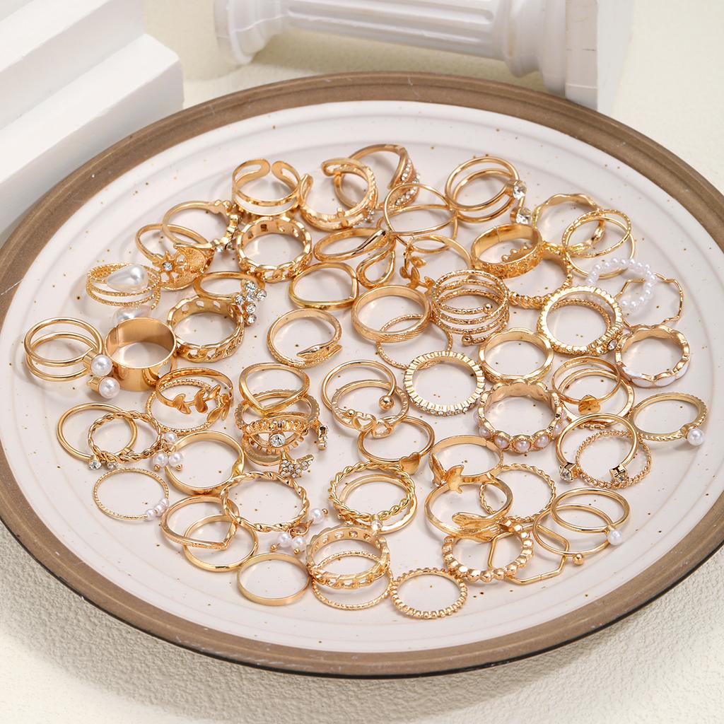 66pcs Fashion Simple Zircon Pearl Butterfly Stackable Rings Multipack For Daily Outing, Commuting & Party Wear, Trendy Jewelry