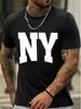 NY Print T-shirt - White/Black Graphic Tee - Breathable Cotton Blend Fabric - Stretch Comfort Fit Round Neck - Lightweight Summer Shirt for Gym