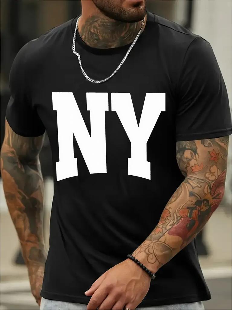 NY Print T-shirt - White/Black Graphic Tee - Breathable Cotton Blend Fabric - Stretch Comfort Fit Round Neck - Lightweight Summer Shirt for Gym