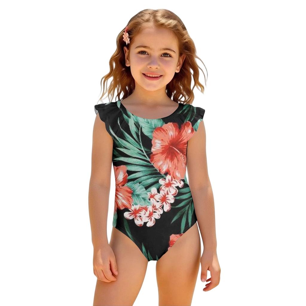 Girls One Piece Swimsuit Hawaiian Print Kids Swimwear Toddler Child Beachwear Sleeveless Ruffle Shoulder Bathing Suit for Summer Pool