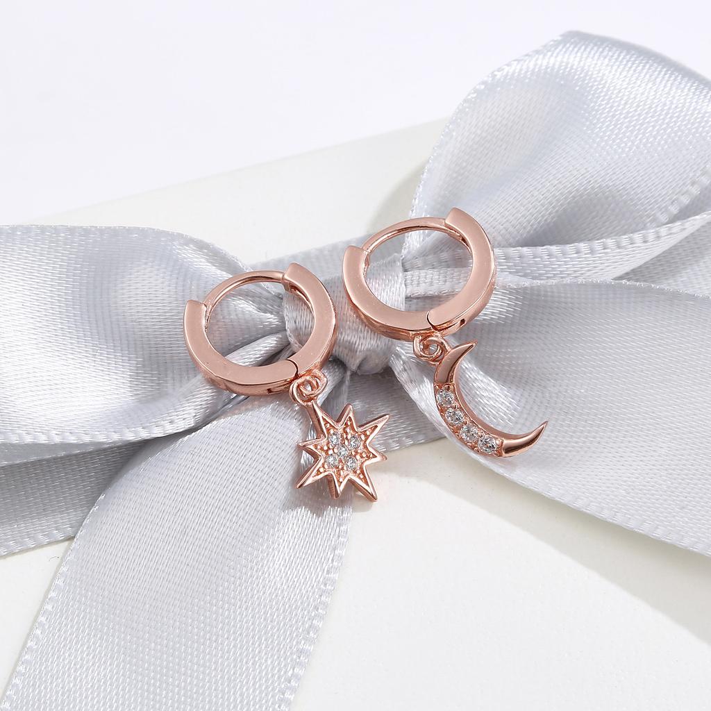 VENTFILLE 925 Sterling Copper CZ Star Moon Asymmetric Hoop Earrings for Women Girls Gold Copper Color Party Zircon Gifts