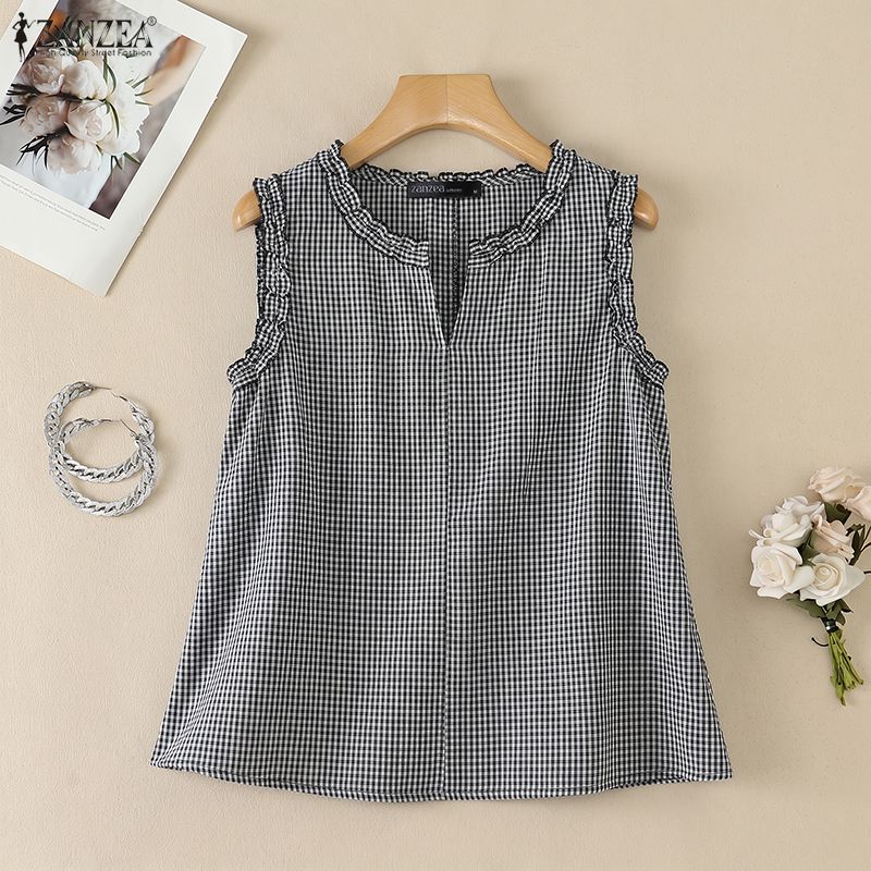 ZANZEA Canottiere Casual da Donna con Scollo a V, Stampa a Quadri, Vestibilità Larga, Senza Maniche