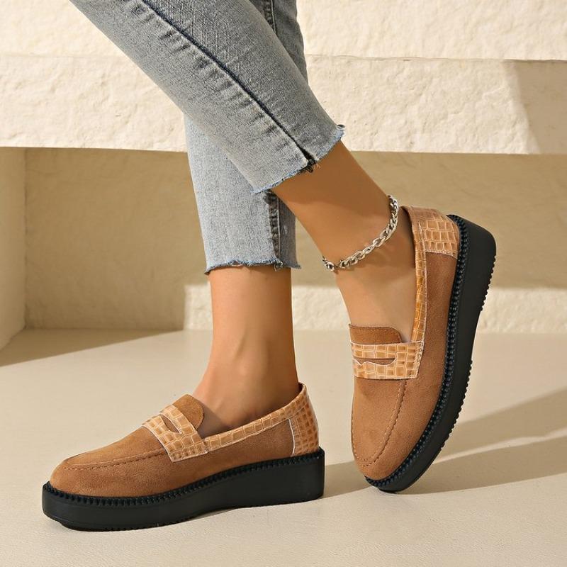 Fall New Slope Heel Shoes Women's Round Head Suede Splicing Thick Sole Anti-slip Wear-resistant Low-top Shoes