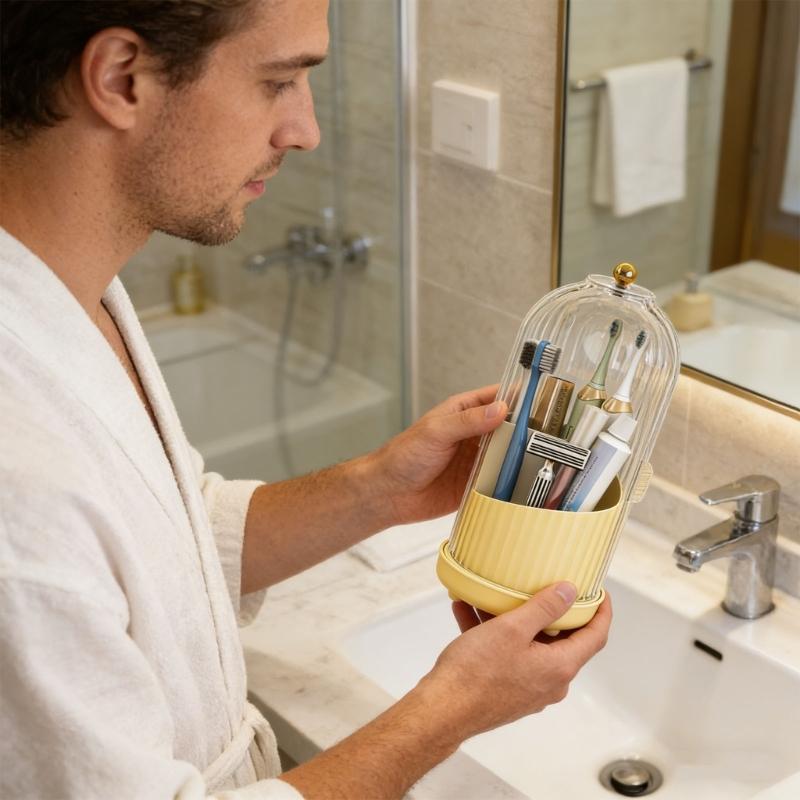 Rotating Toothbrush Holder With Lid And Drainage System For Hygienic Bathroom Organization And Space Saving Convenience