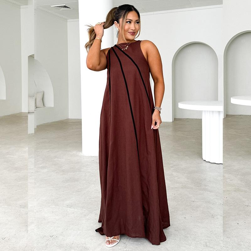 Women s fashion solid color splicing striped simple sleeveless loose dress women S темно-коричневого