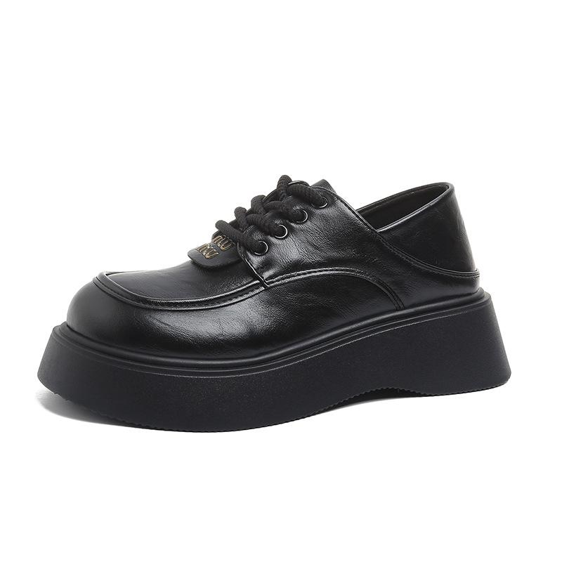 Black Loafers Women's 2025 New Retro Versatile Platform Small Leather Shoes Commuting Lace-up Deep Mouth Single Shoes