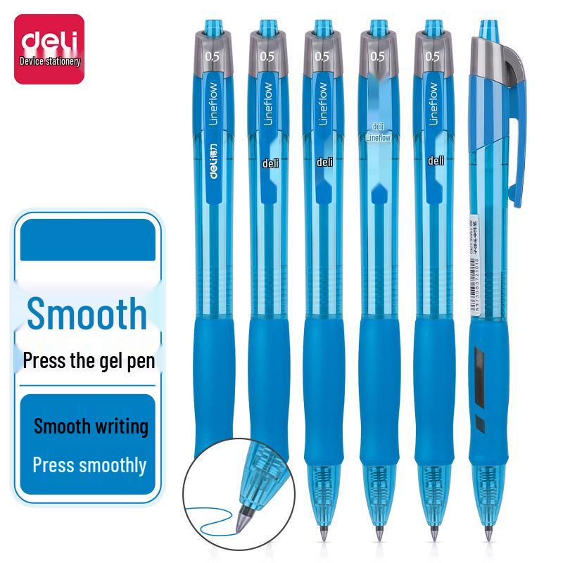Deli Quick-Drying Press-Type 0.5mm ST Nib Student Pen: Transparent Barrel Black Ink.