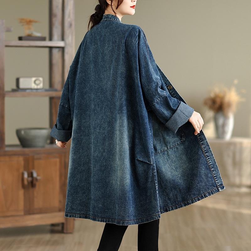 Women's V-neck Denim Jacket with Large Pockets Autumn New Style Medium To Long Windbreaker Large Size