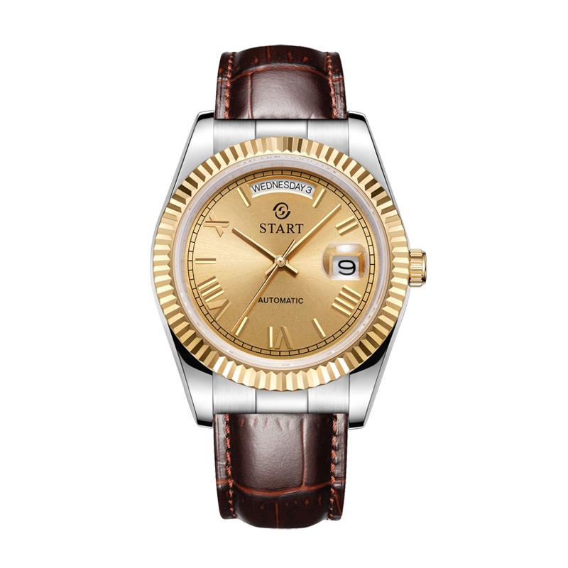 

START-мужские автоматические механические часы с римскими цифрами и циферблатом, кожаные часы, дата, неделя, водонепроницаемые часы, качество, надежность золотой