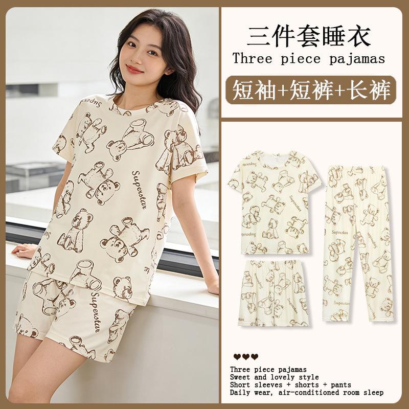 Summer Korean Sweet Pajamas Women's Crew Neck Short-sleeved Three-piece Comfortable Women's Loungewear Spot Straight Hair