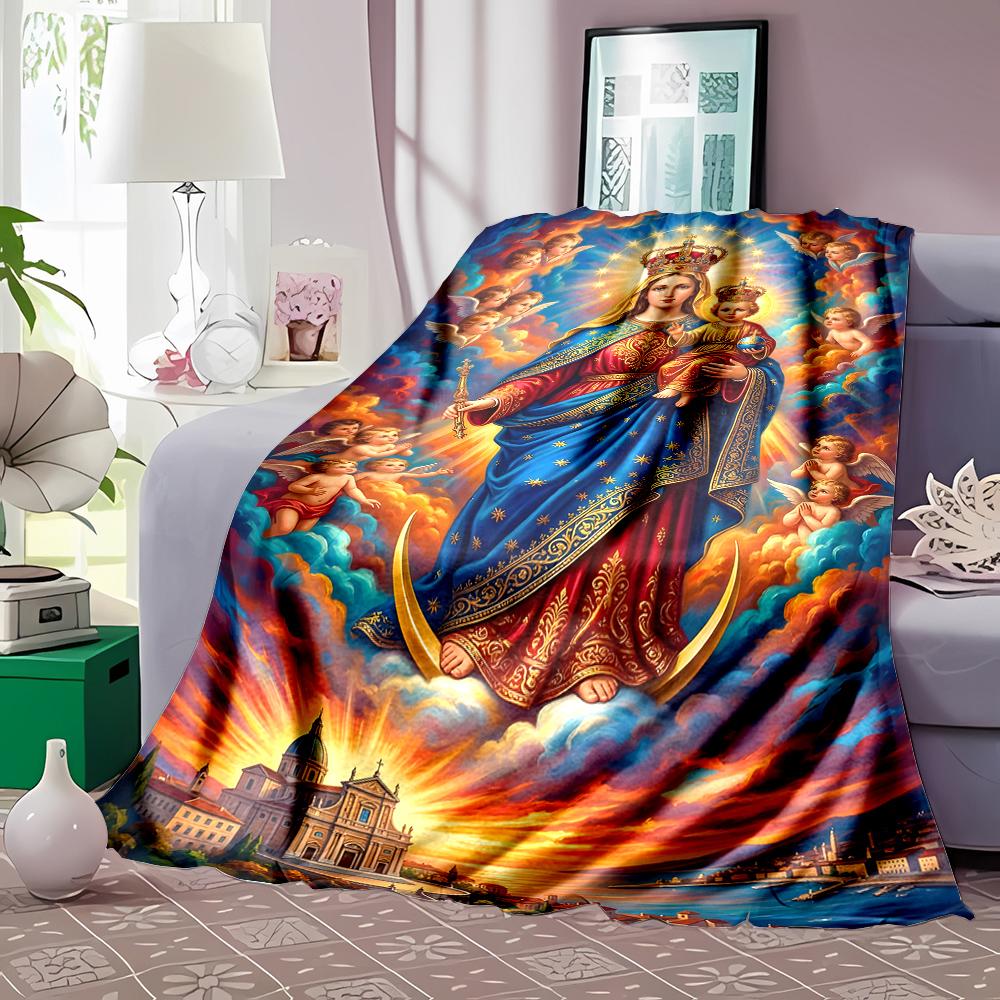1PC Virgin Mary with child, angels Faith-printed Flannel Blanket Soft and Warm Suitable for Home Travel Picnics Camping and RV