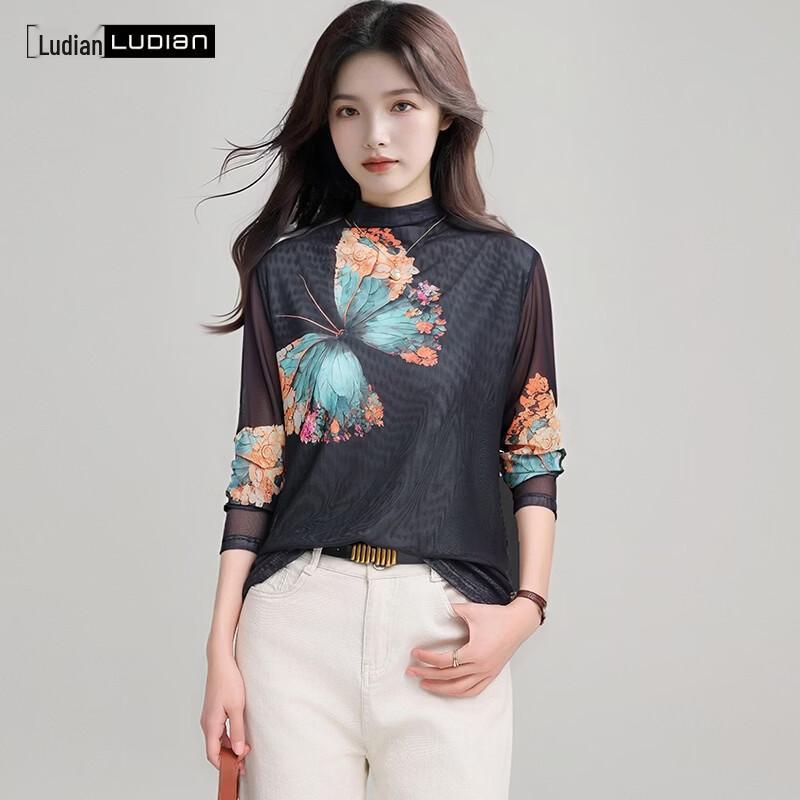 LUDIan Women s Thin Mesh Long Sleeve Floral Print Base Layer Top 2XL