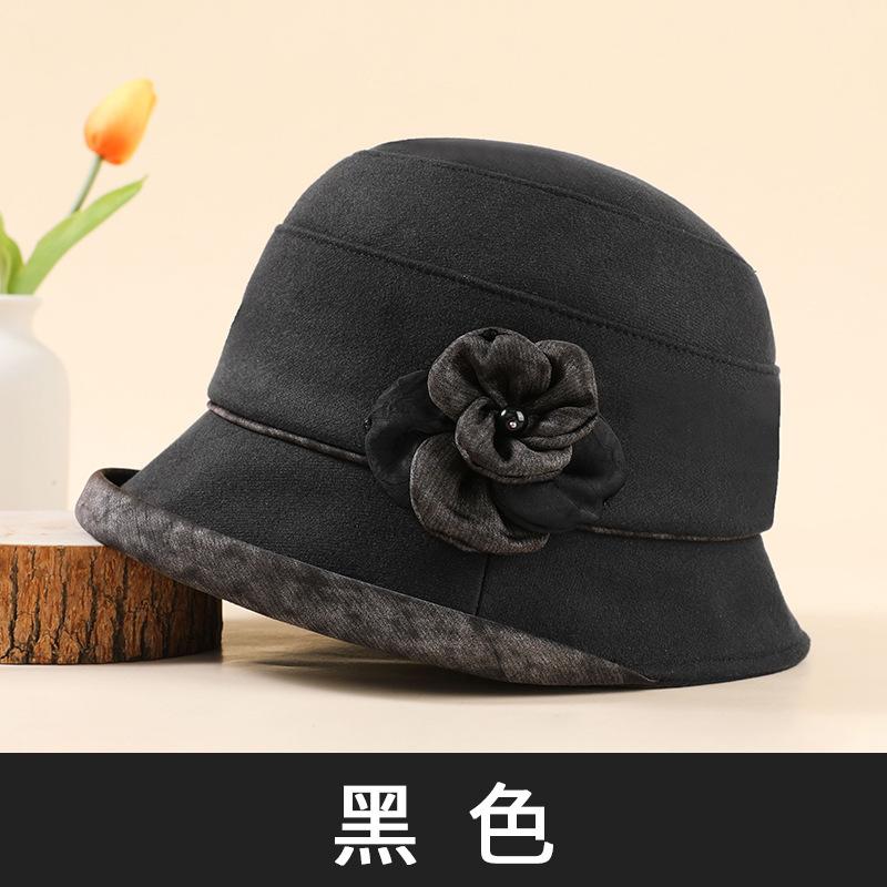 Autumn and Winter Women's Hats Fashion Flowers Elderly Pot Hat Thickened Warm Elderly Hat Mother Bucket Hat
