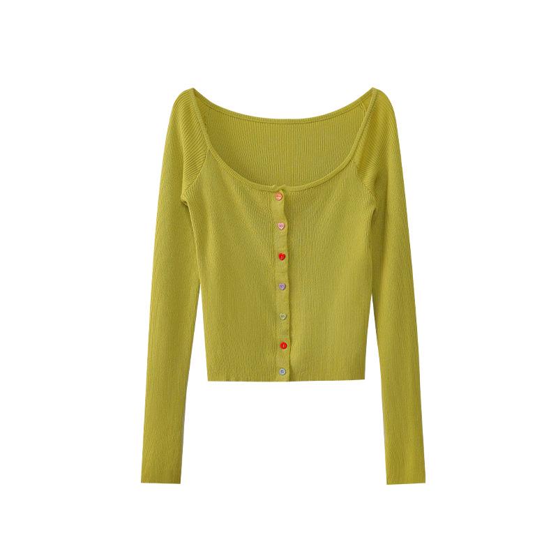 

2025 Ранняя весна Цветной вязаный кардиган с U-образным вырезом - Женская мода C3595 One Size горчичный/зелёный