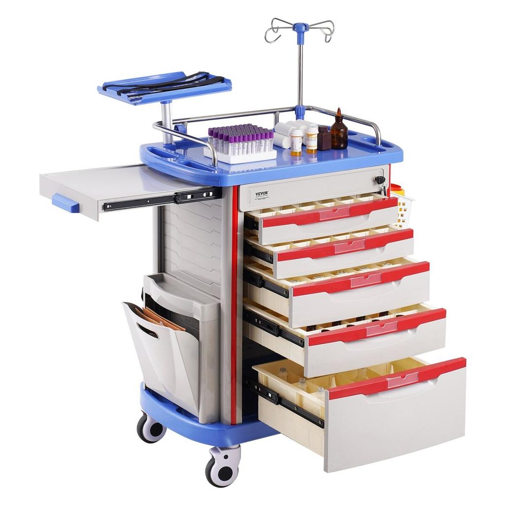 5 Tiers Lab Carts Mobile Medical Cart with 5 Drawers & 2 Trash Cans Blue