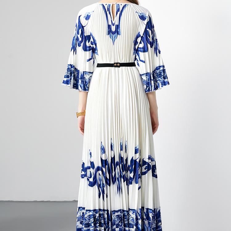 Summer Women Vintage Blue and White Porcelain Print Flower Loose Maxi Party Dresses with Belt