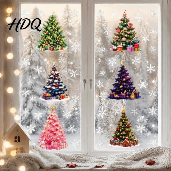 Holiday Glass Decals for Windows 6Pcs Colorful Christmas Tree Snowflake Static Window Sticker, PVC Cling, Removable Decal Stickers Home Decoration,