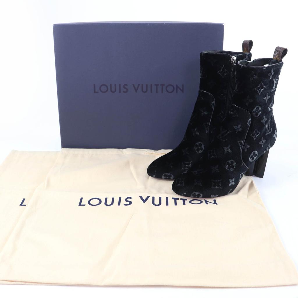 Excellent LOUIS VUITTON short boots Silhouette Line Monogram Velour black 37.5 Used
